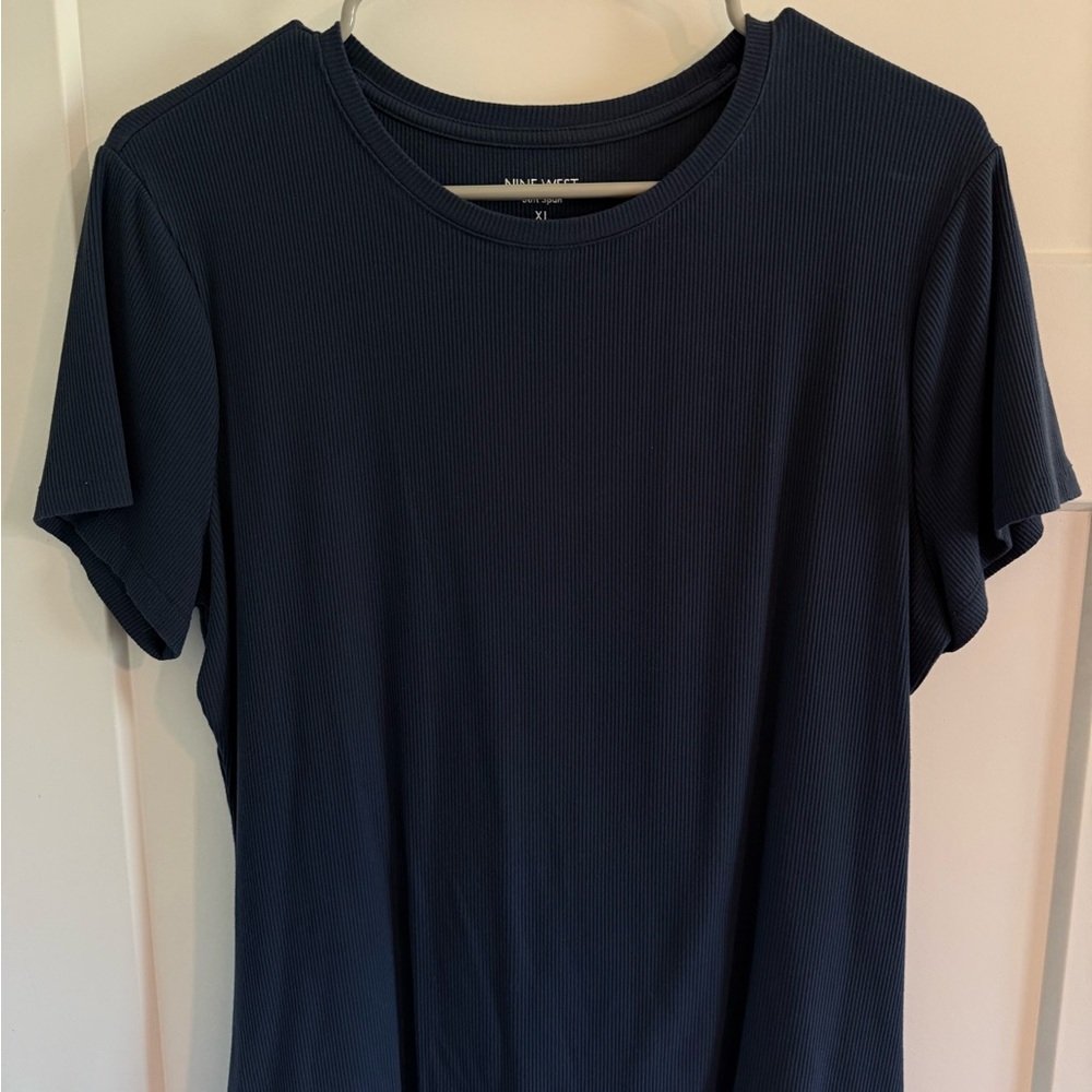 Nine West Navy Ribbed Short-Sleeve Crewneck Top